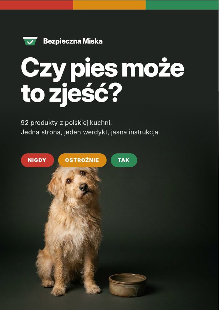 Okładka poradnika Czy pies może to zjeść? z kundelkiem przy pustej misce